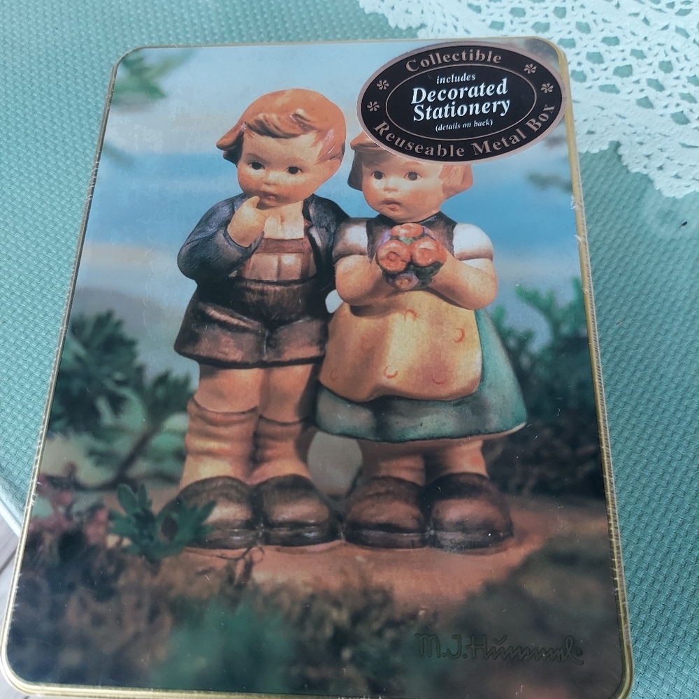 Original MJ Hummel unopened collectible reusable metal box with deco stationary